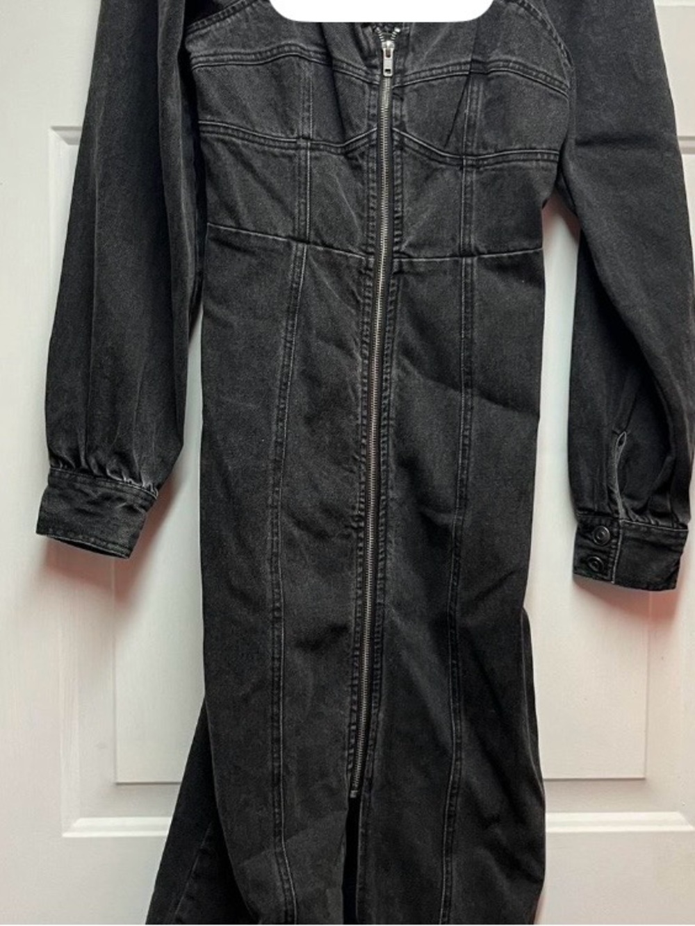Black Zip-Front Long Denim dress